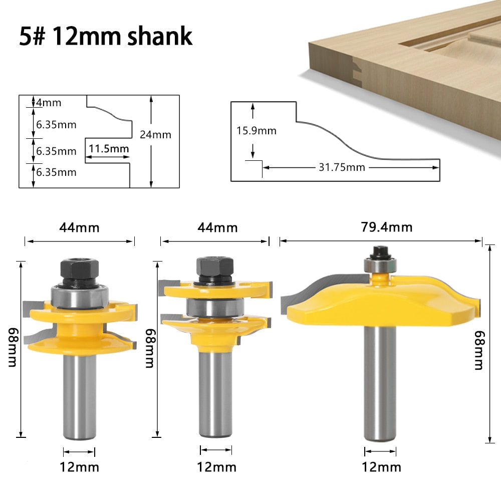 12mm Shank -  Rail & Stile Router Bits - 3 Pcs