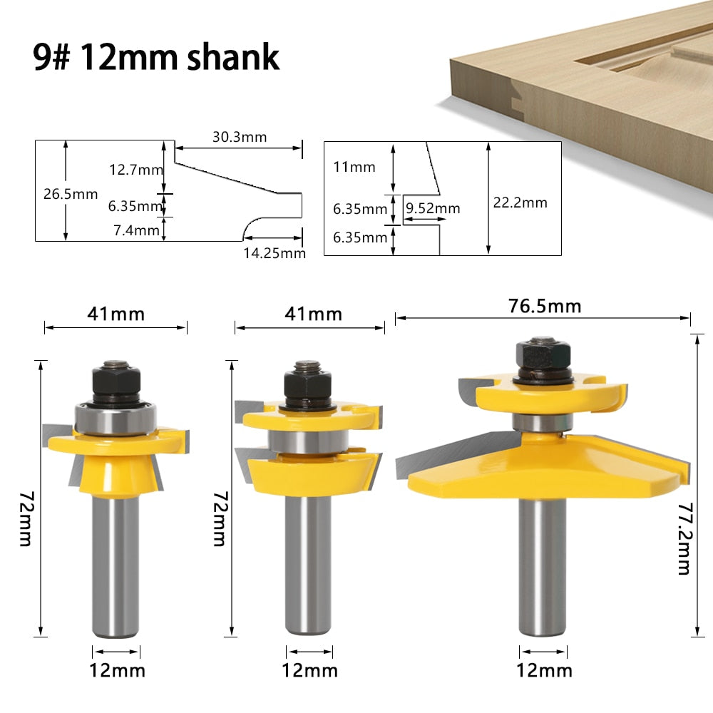 12mm Shank -  Rail & Stile Router Bits - 3 Pcs