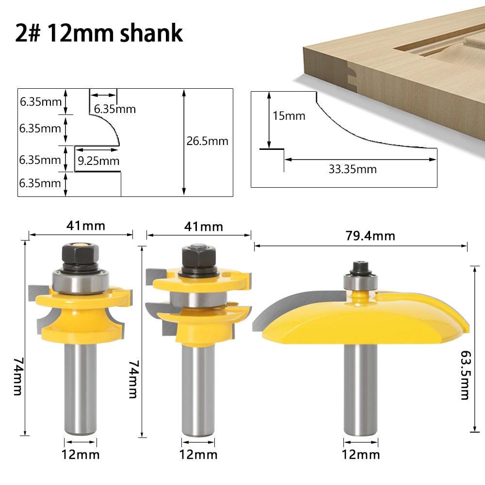 12mm Shank -  Rail & Stile Router Bits - 3 Pcs