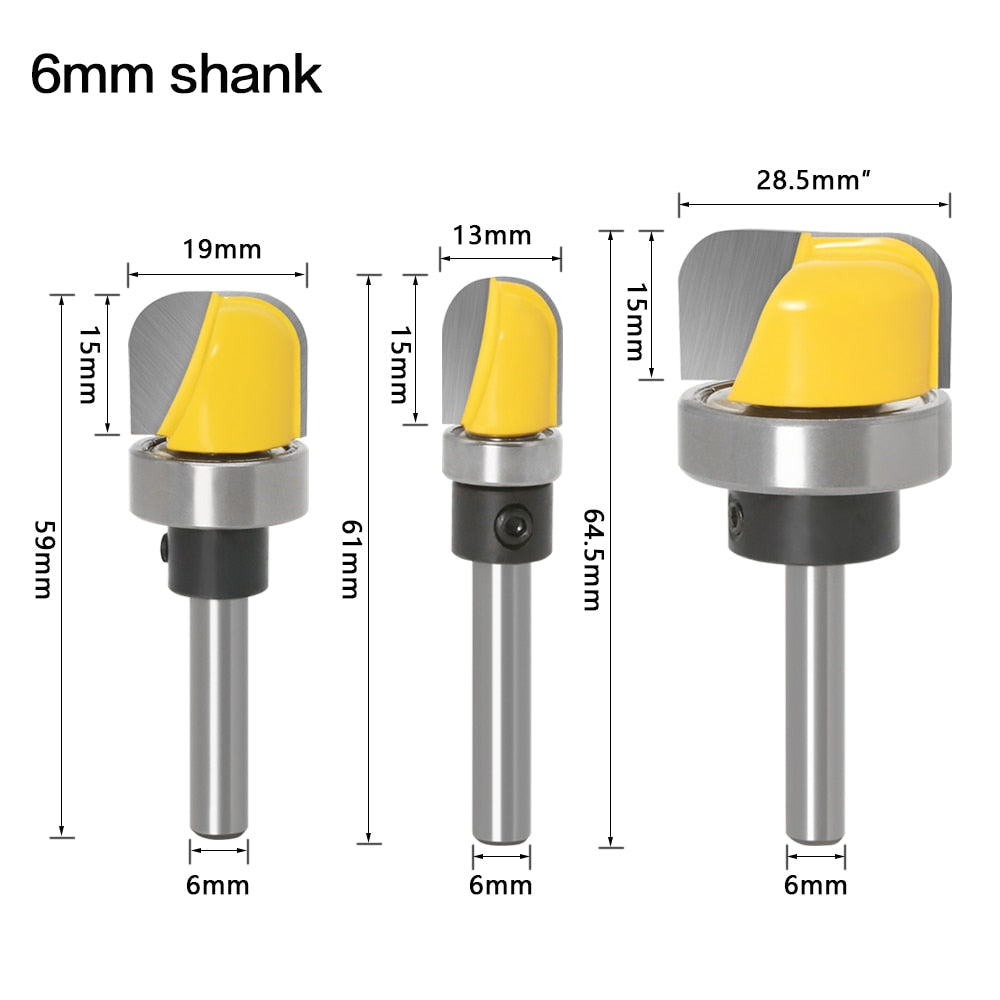 6mm or 6.35mm Shank -  1/2" , 3/4", 1-1/8" Diameter Bowl & Tray Template Router Bits