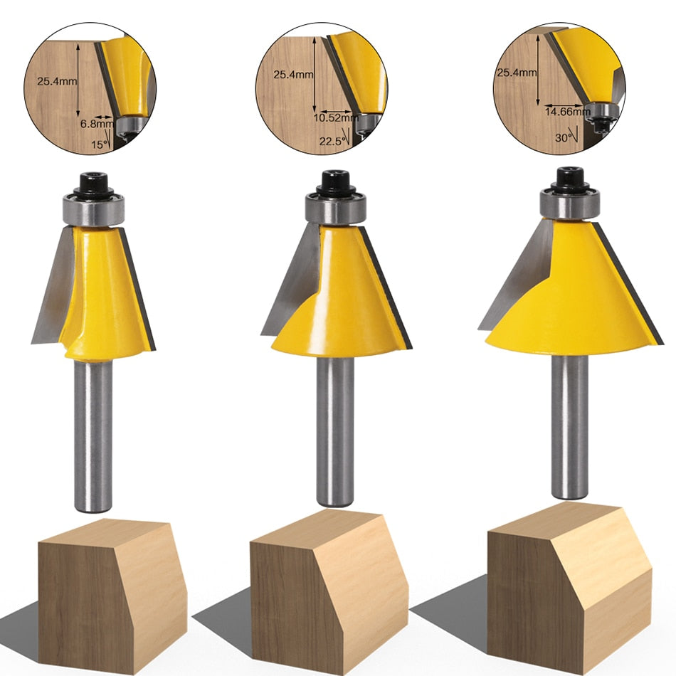 8mm Shank - 15, 22.5, 30 Degree Chamfer Router Bit