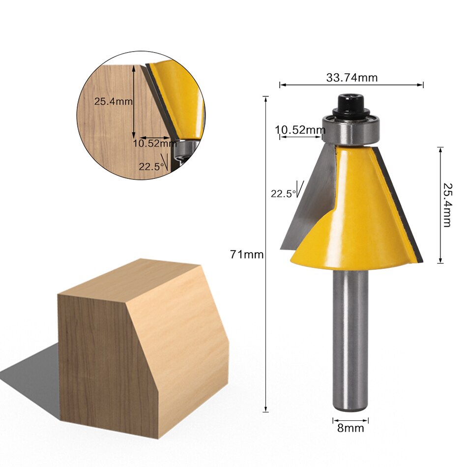 8mm Shank - 15, 22.5, 30 Degree Chamfer Router Bit