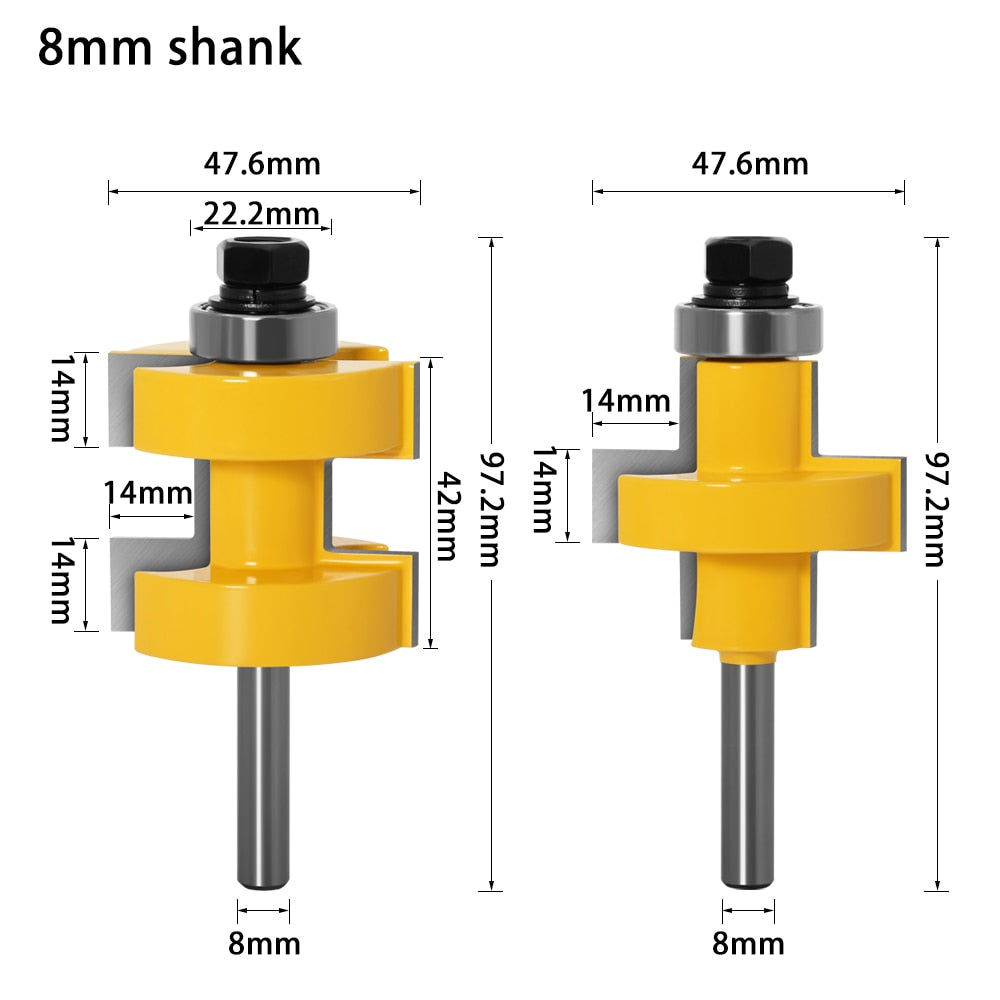 8mm or 12mm Shank - Large Tongue & Groove Joint Assembly Router Bit Set (2pc)