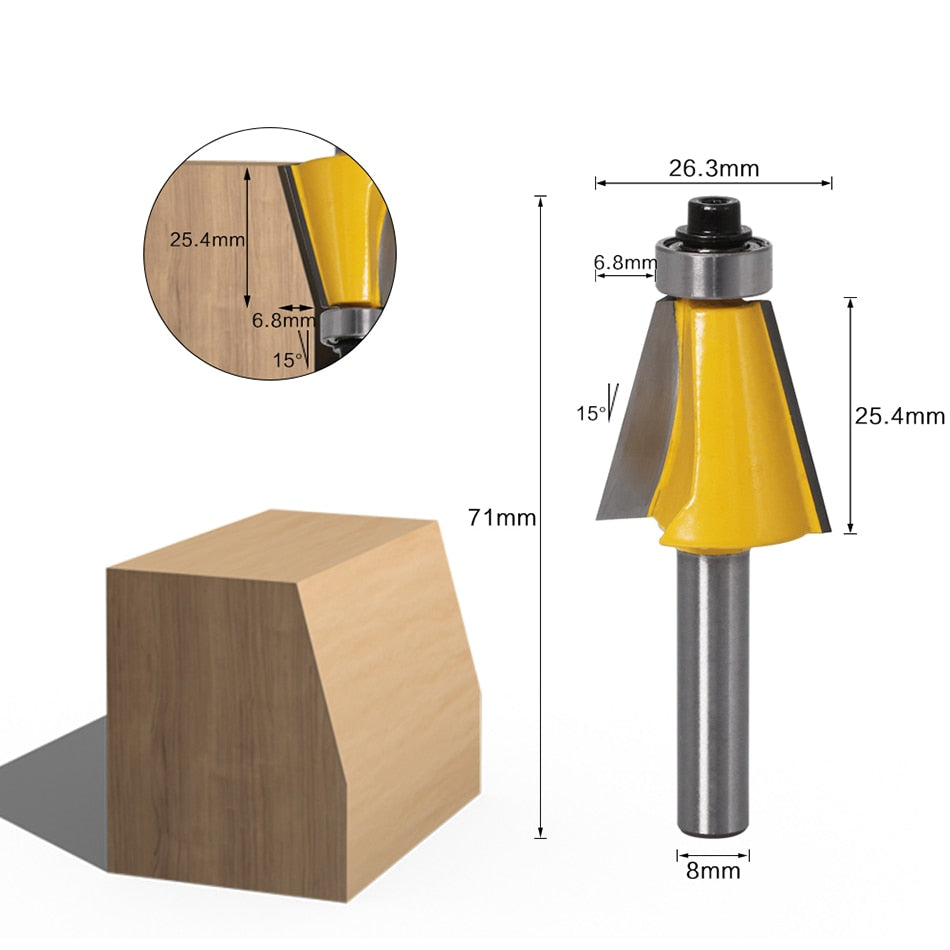 8mm Shank - 15, 22.5, 30 Degree Chamfer Router Bit