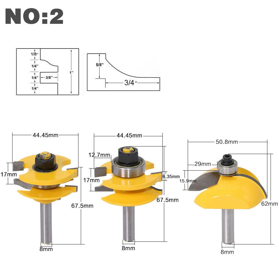 8mm Shank - Raised Panel Cabinet Door Router Bit Set - 3 Bit Ogee