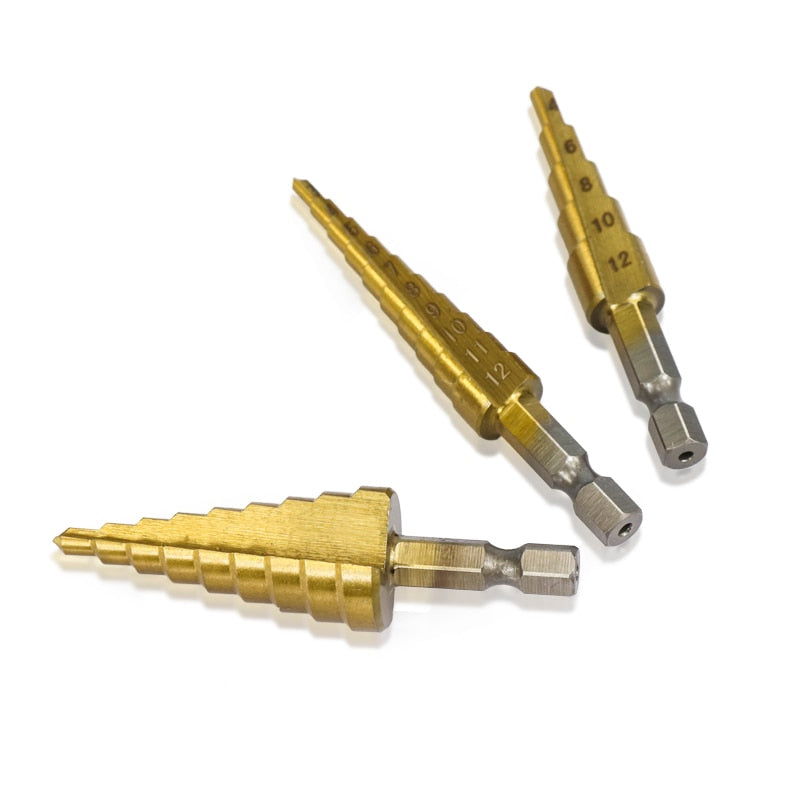 3Pcs HSS Straight Groove Step Drill Bit Set, 3-12mm, 4-12mm, 4-20mm