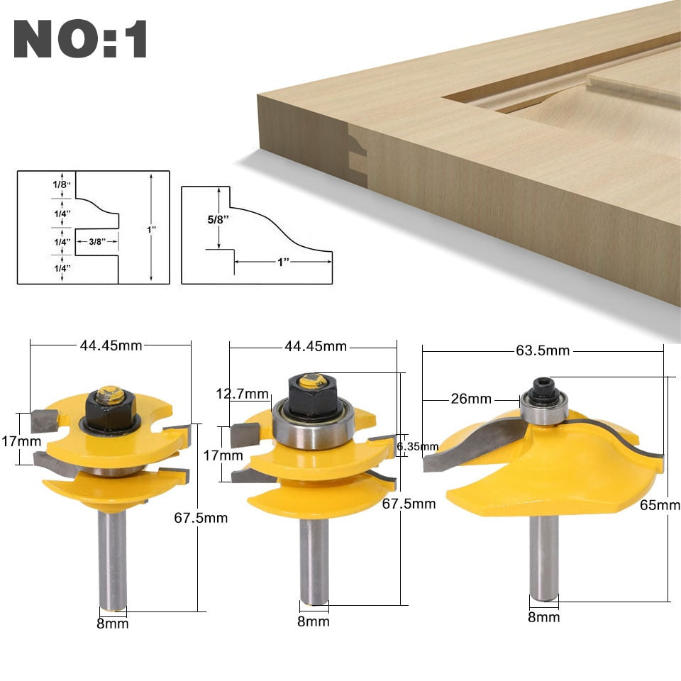 8mm Shank - Raised Panel Cabinet Door Router Bit Set - 3 Bit Ogee