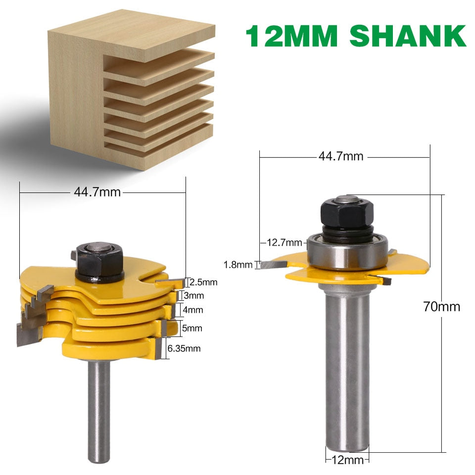 8mm or 12mm Shank -  6 Piece Slot Cutter 3 Wing Router Bit Set