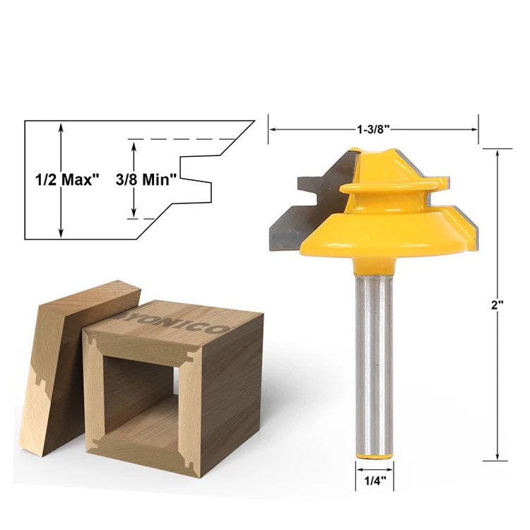 6.35mm or 8mm Shank - Small Lock Miter Router Bit - 45° - 1/2" Stock - 1/4" Shank