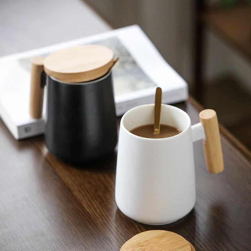 Nordic Ceramic Coffee Mug with Wooden Handle & Spoon - Emerald Seaside
